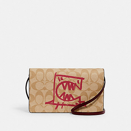 COACH ANNA FOLDOVER CROSSBODY CLUTCH IN SIGNATURE CANVAS WITH REXY BY GUANG YU - SV/LT KHAKI/ELCTRC PINK MULTI - 99445