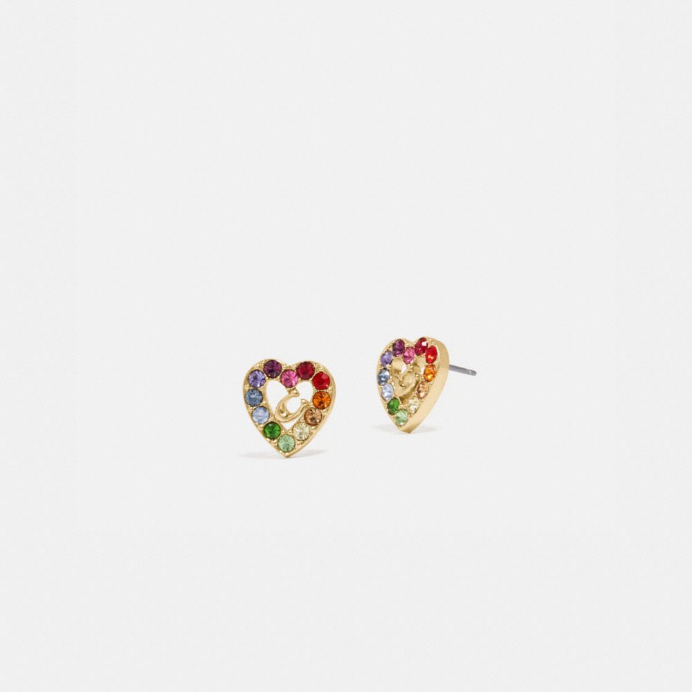 COACH 994 - Rainbow Pave Sculpted Signature Heart Stud Earrings GOLD/MULTI