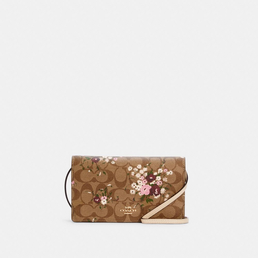 Anna Foldover Crossbody Clutch In Signature Canvas With Evergreen Floral Print - GOLD/KHAKI MULTI - COACH C0035