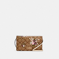 Anna Foldover Crossbody Clutch In Signature Canvas With Evergreen Floral Print - C0035 - GOLD/KHAKI MULTI