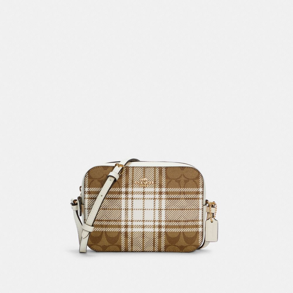 COACH C0038 - Mini Camera Bag In Signature Canvas With Hunting Fishing Plaid Print GOLD/KHAKI CHALK MULTI