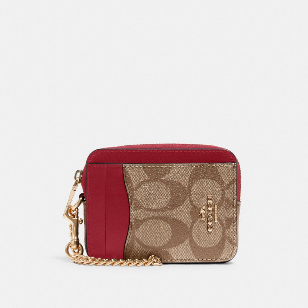 Zip Card Case In Signature Canvas - GOLD/KHAKI/CHERRY - COACH C0058