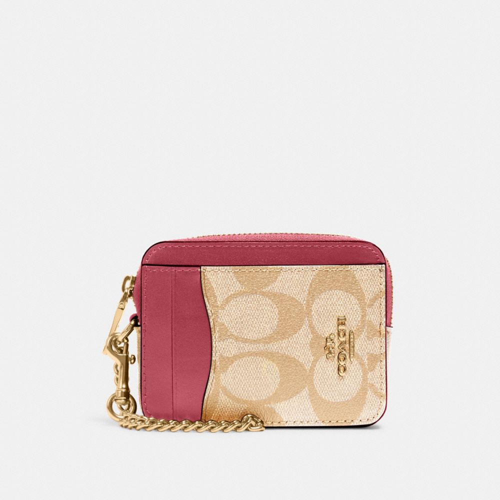 COACH C0058 Zip Card Case In Signature Canvas GOLD/LIGHT KHAKI ROUGE