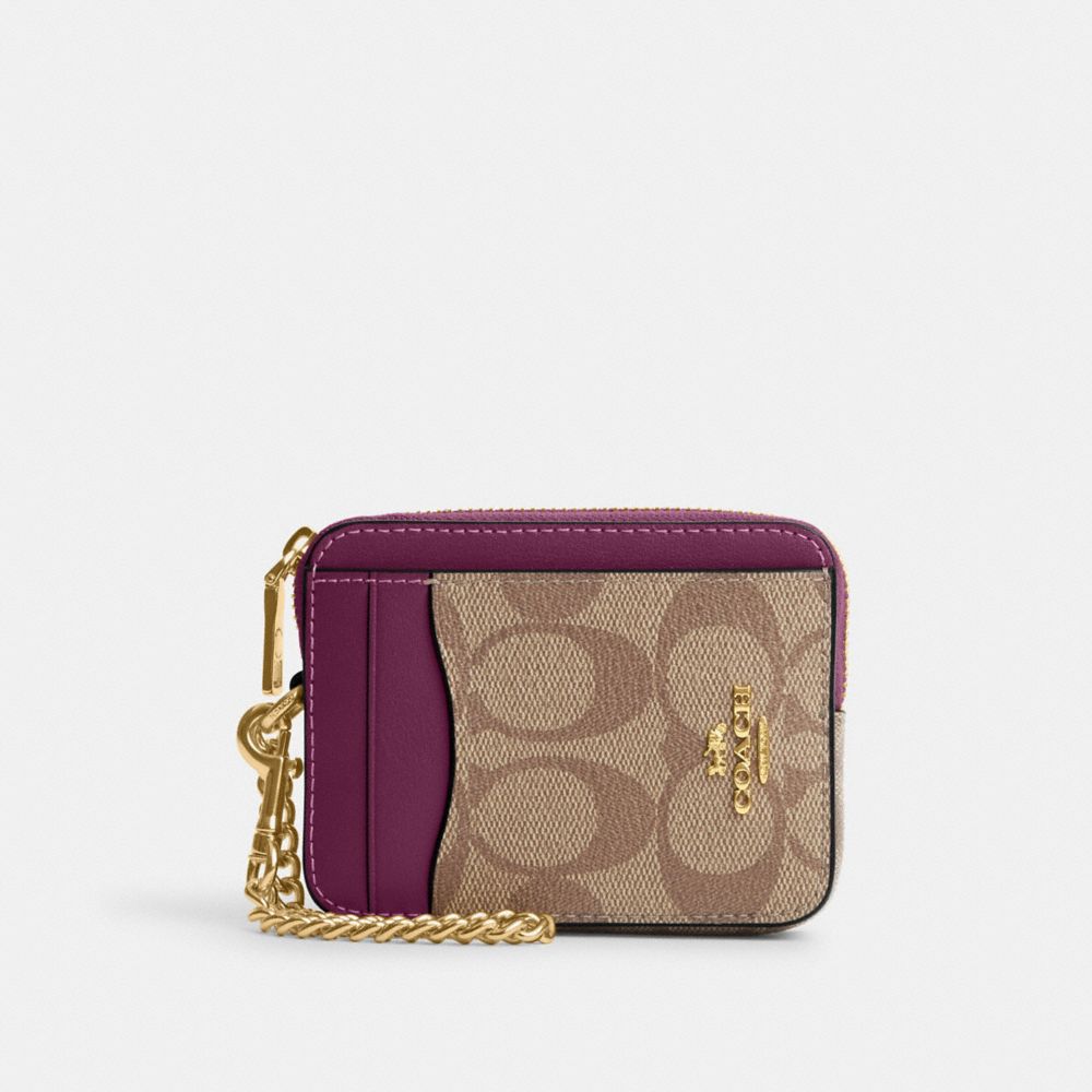 COACH C0058 Zip Card Case In Signature Canvas Gold/Khaki/Deep Berry