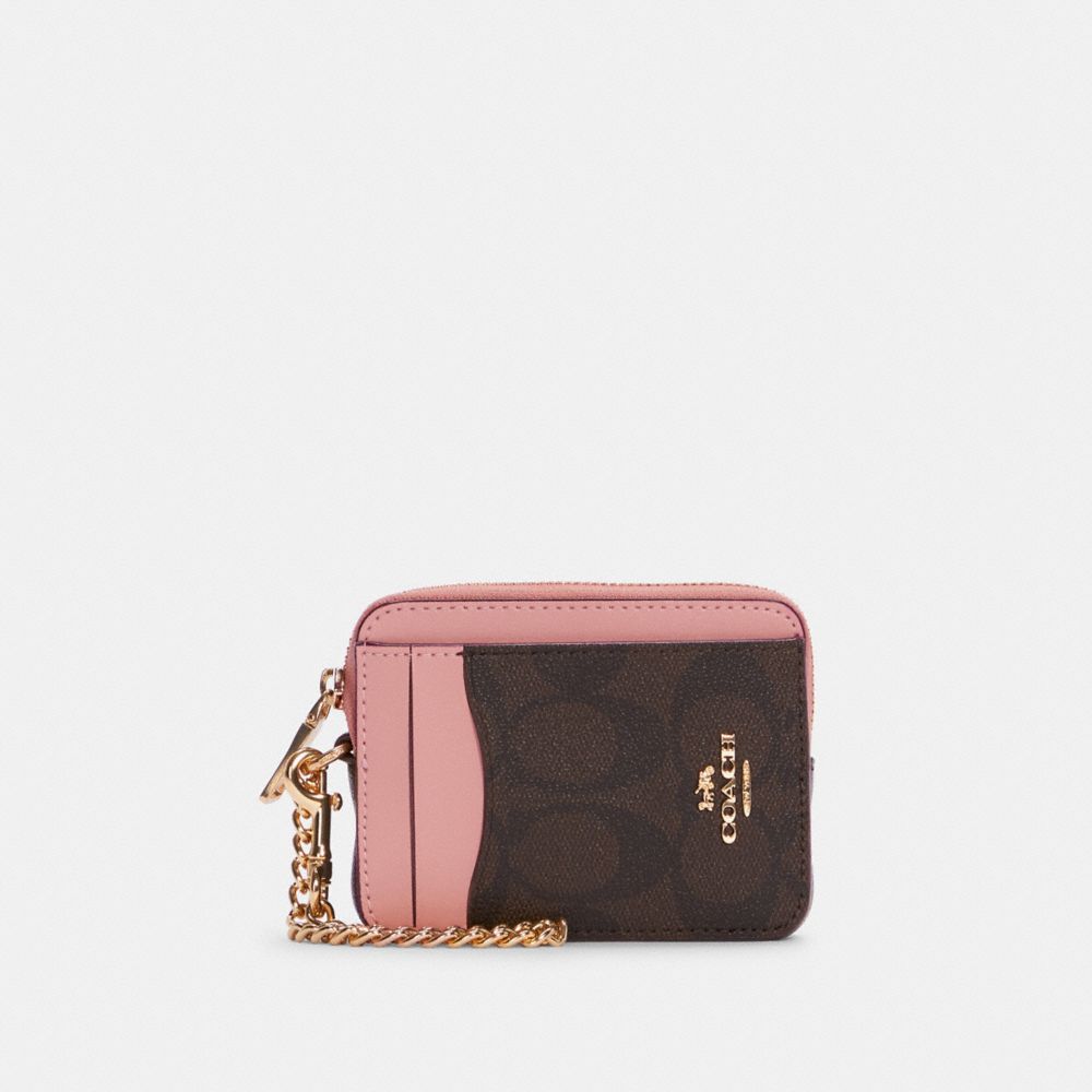 COACH C0058 - Zip Card Case In Signature Canvas GOLD/BROWN SHELL PINK
