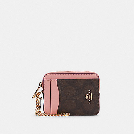COACH C0058 Zip Card Case In Signature Canvas GOLD/BROWN-SHELL-PINK