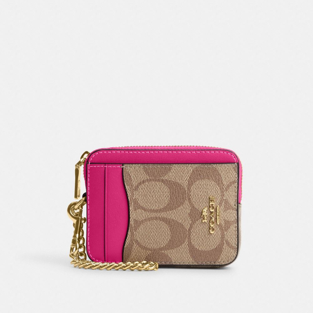 COACH C0058 Zip Card Case In Signature Canvas Im/Khaki/Cerise