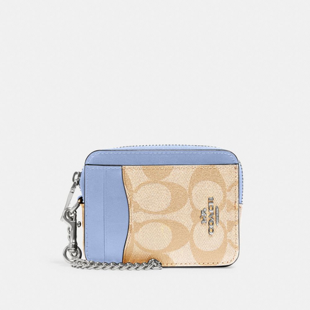 COACH C0058 Zip Card Case In Signature Canvas SV/LIGHT KHAKI PERIWINKLE