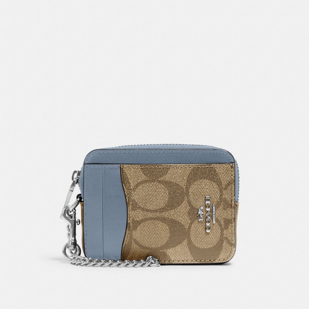 Zip Card Case In Signature Canvas - C0058 - SILVER/KHAKI/MARBLE BLUE