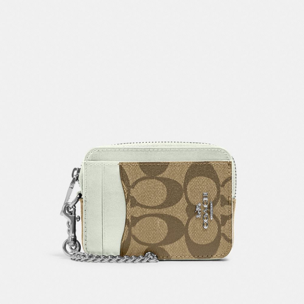 COACH C0058 Zip Card Case In Signature Canvas SILVER/KHAKI/LIGHT SAGE