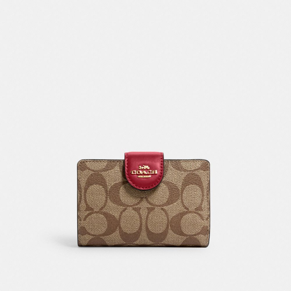 Medium Corner Zip Wallet In Signature Canvas - GOLD/KHAKI/CHERRY - COACH C0082