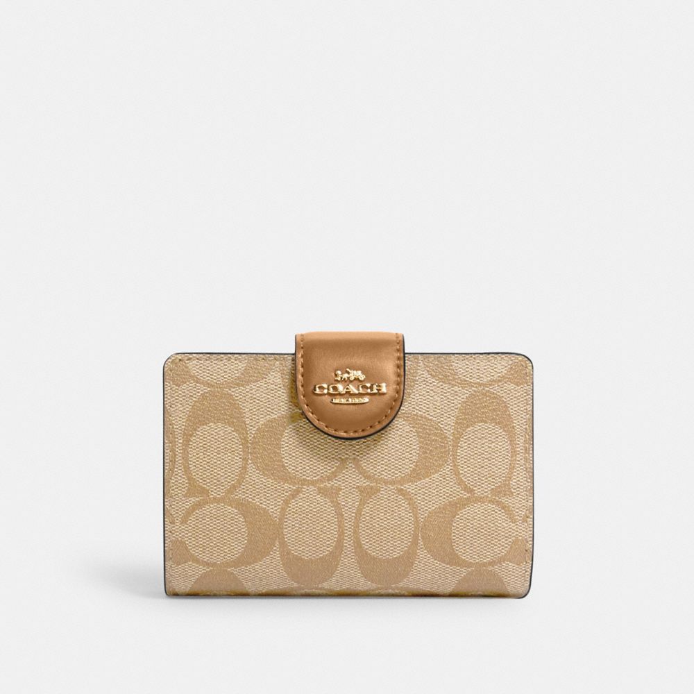 COACH C0082 Medium Corner Zip Wallet In Signature Canvas Gold/Lt Khaki/Lt Saddle