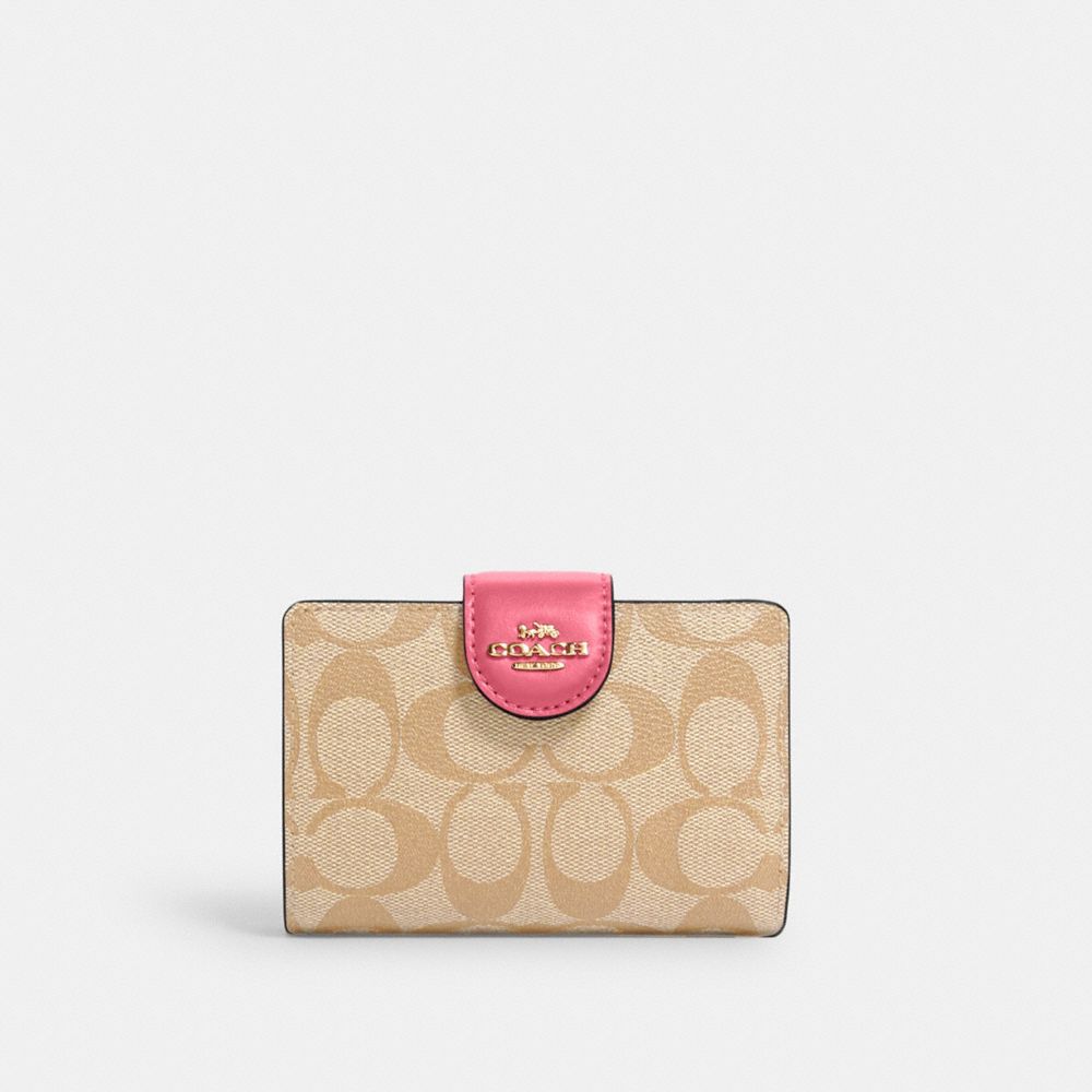 COACH C0082 Medium Corner Zip Wallet In Signature Canvas IM/LIGHT KHAKI/CONFETTI PINK