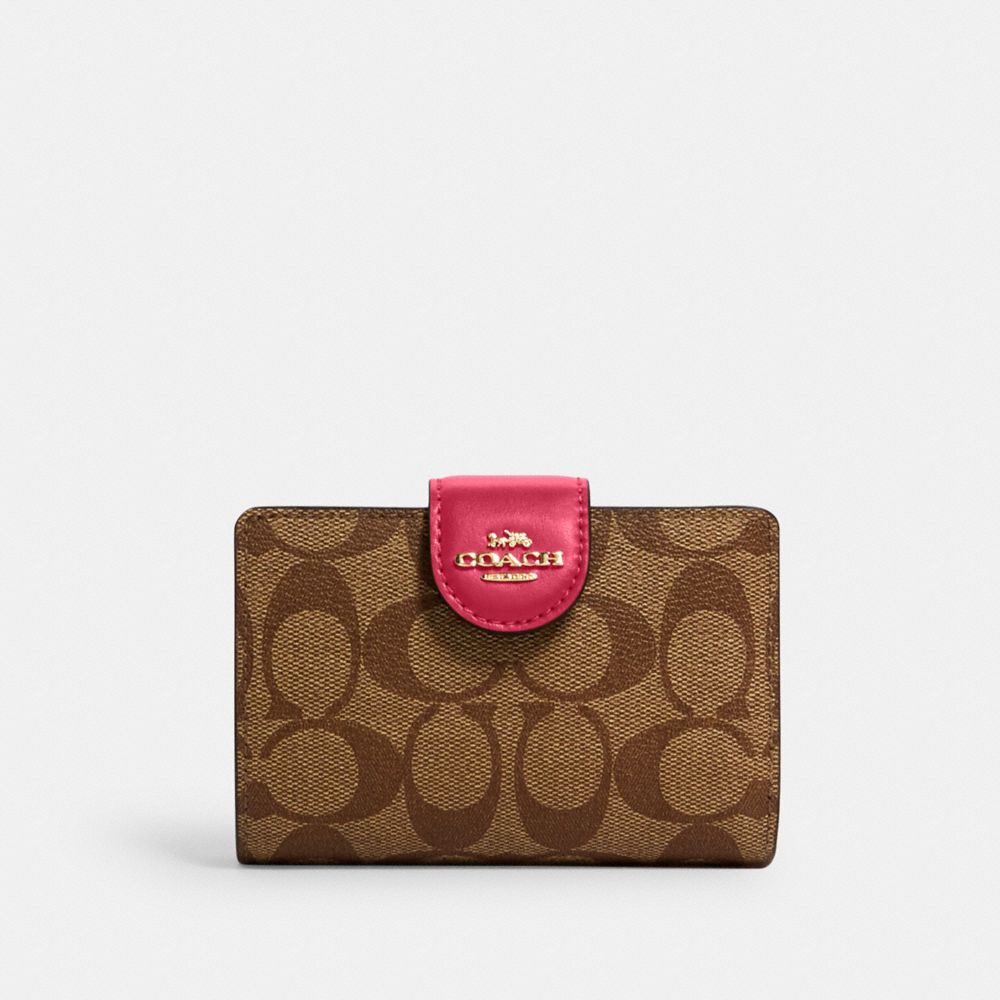 Medium Corner Zip Wallet In Signature Canvas - C0082 - GOLD/KHAKI/BOLD PINK