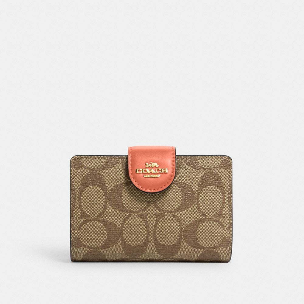 COACH C0082 Medium Corner Zip Wallet In Signature Canvas Im/Khaki/Light Coral