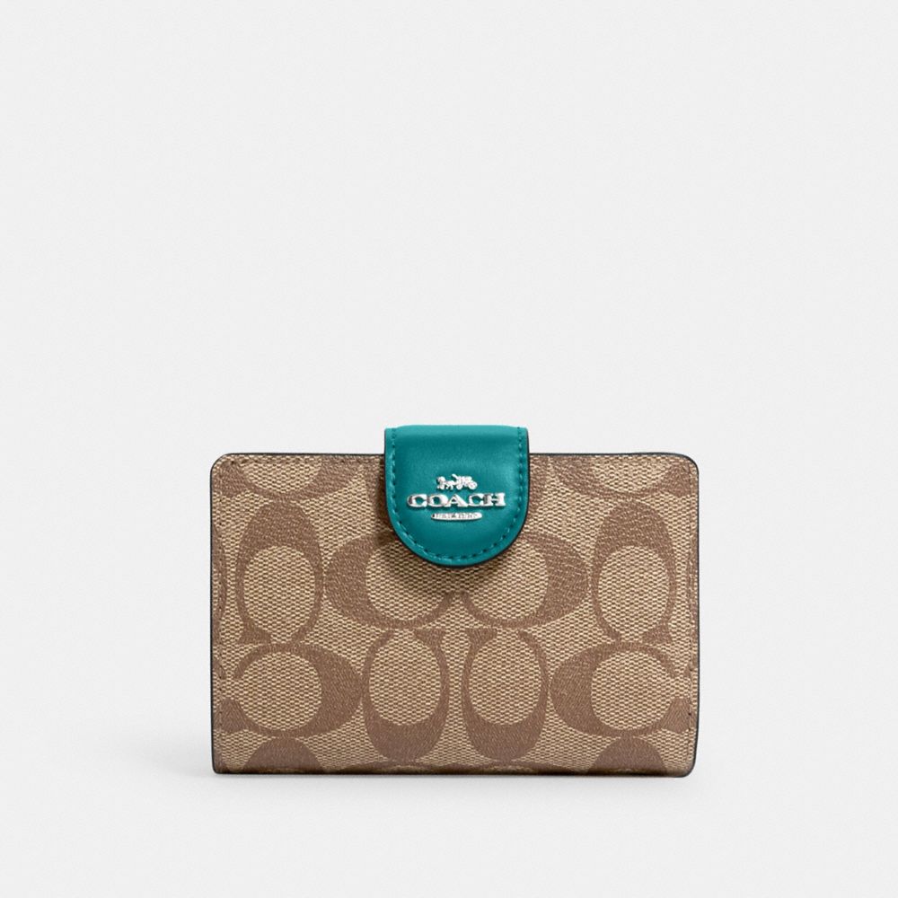 Medium Corner Zip Wallet In Signature Canvas - C0082 - Silver/Khaki/Teal