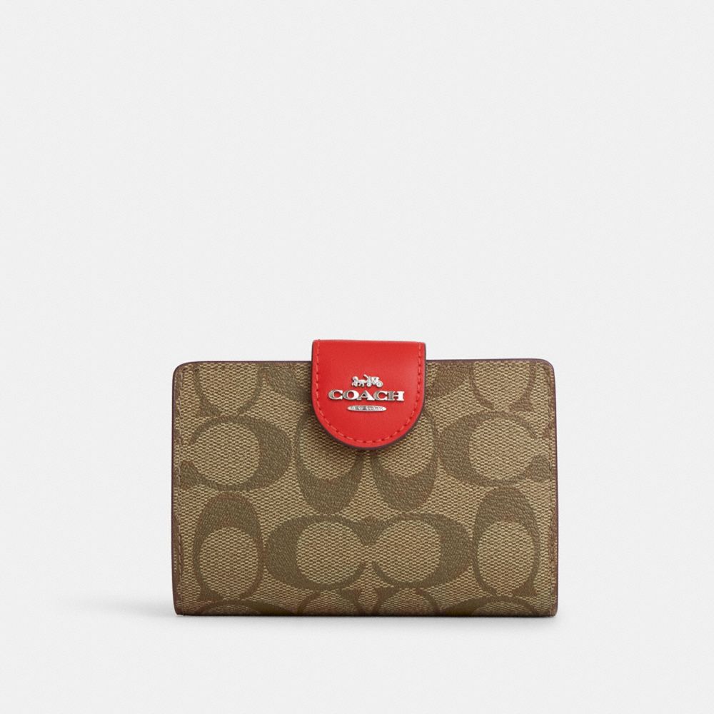 Medium Corner Zip Wallet In Signature Canvas - C0082 - Silver/Khaki/Miami Red