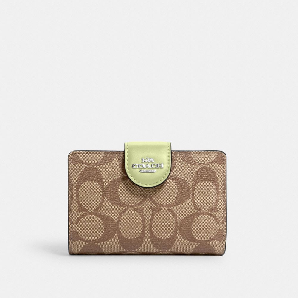 COACH C0082 Medium Corner Zip Wallet In Signature Canvas SILVER/KHAKI/PALE LIME