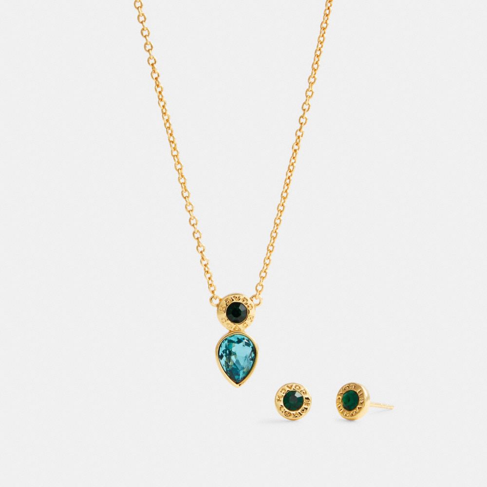COACH C0149 - OPEN CIRCLE NECKLACE AND PEAR EARRINGS SET GD/BLUE