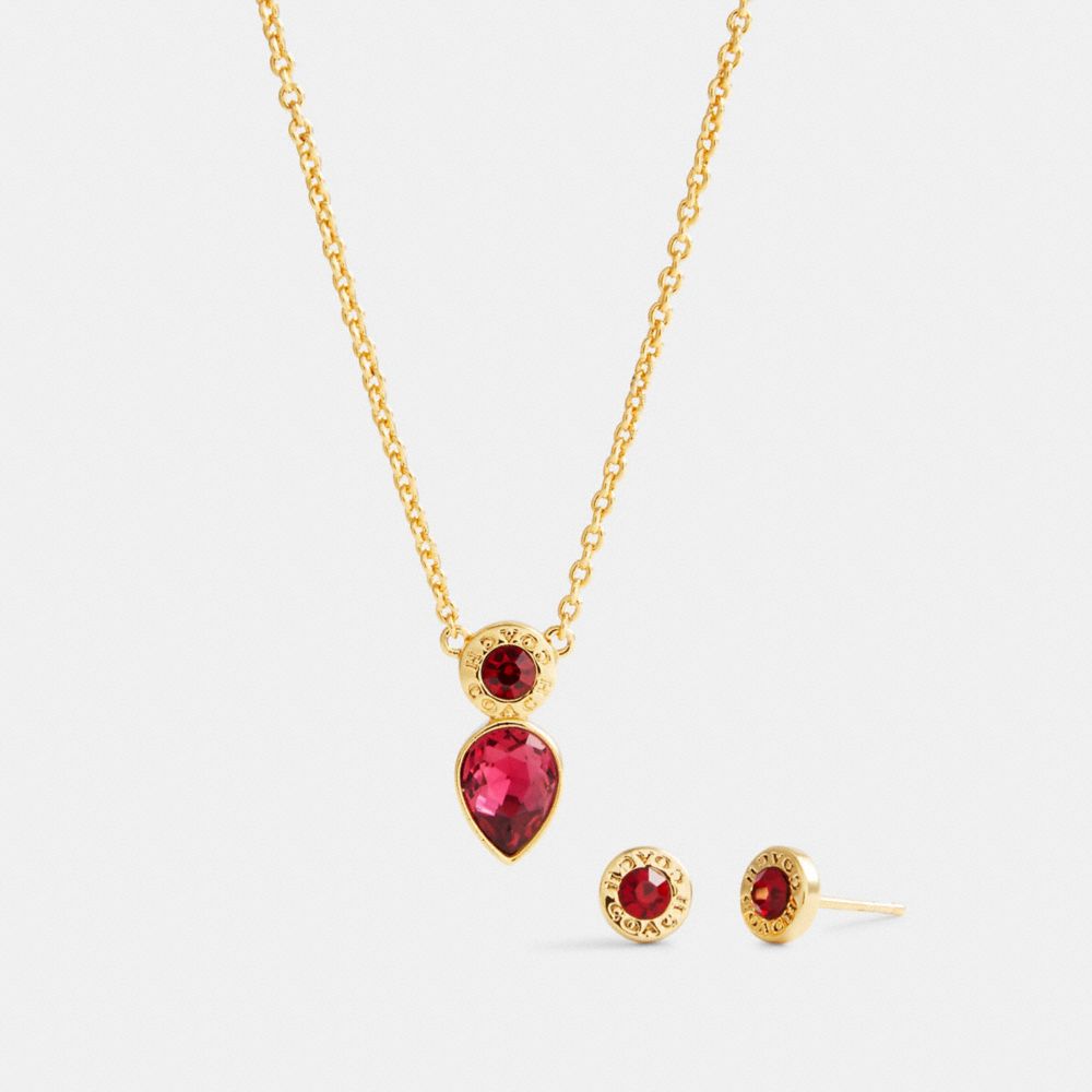 COACH C0149 OPEN CIRCLE NECKLACE AND PEAR EARRINGS SET GD/RED