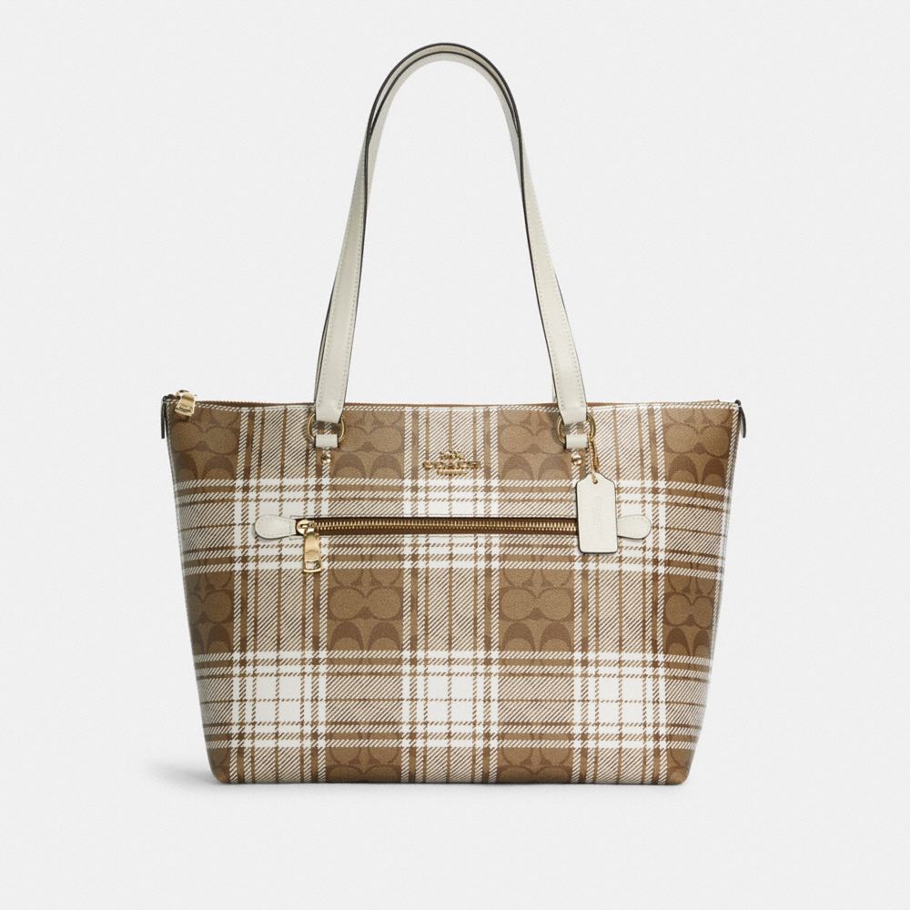 COACH C0553 - Gallery Tote In Signature Canvas With Hunting Fishing Plaid Print GOLD/KHAKI CHALK MULTI