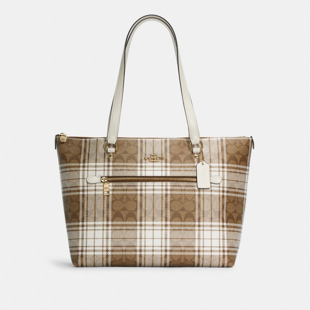 COACH C0553 Gallery Tote In Signature Canvas With Hunting Fishing Plaid Print GOLD/KHAKI CHALK MULTI