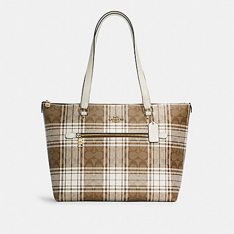 COACH Gallery Tote In Signature Canvas With Hunting Fishing Plaid Print - GOLD/KHAKI CHALK MULTI - C0553