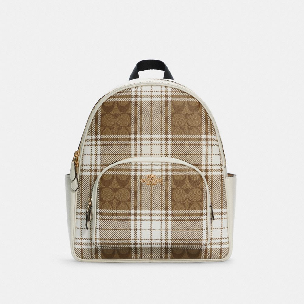 COURT BACKPACK IN SIGNATURE CANVAS WITH HUNTING FISHING PLAID PRINT - C0554 - IM/KHAKI CHALK MULTI