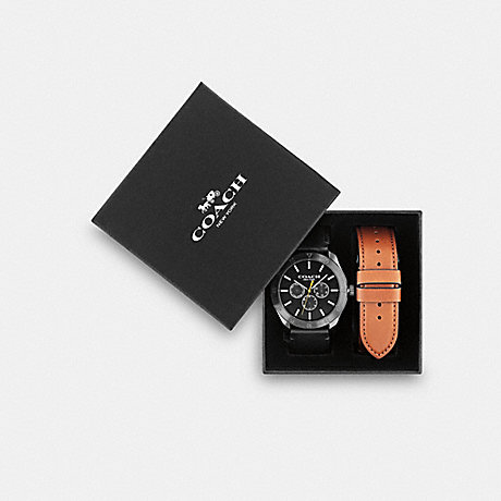 COACH C0624 Boxed Casey Watch Gift Set, 42 Mm Black/Saddle