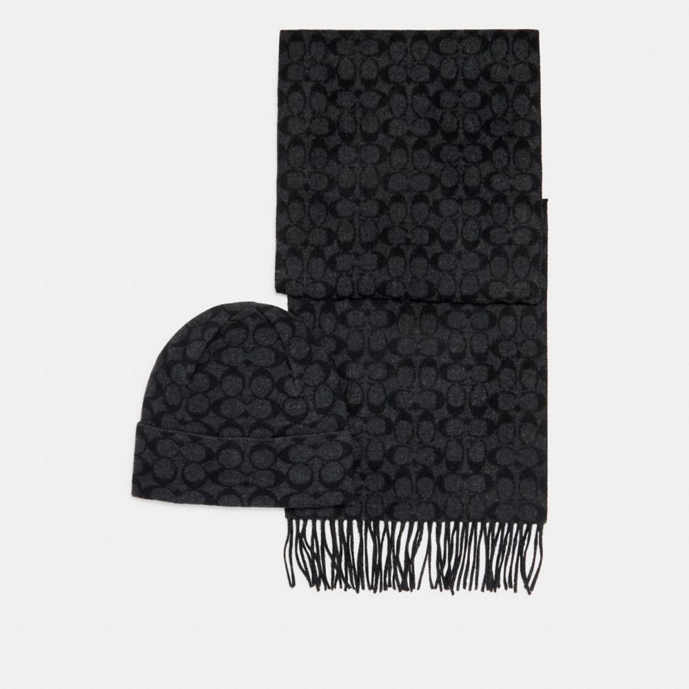 COACH SIGNATURE SCARF AND HAT SET - BLACK SIGNATURE - C0647