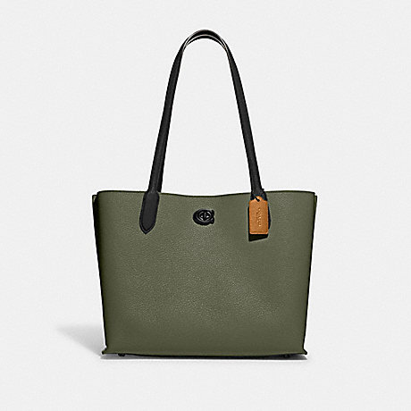 COACH C0692 Willow Tote In Colorblock With Signature Canvas Interior Pewter/Army-Green-Multi
