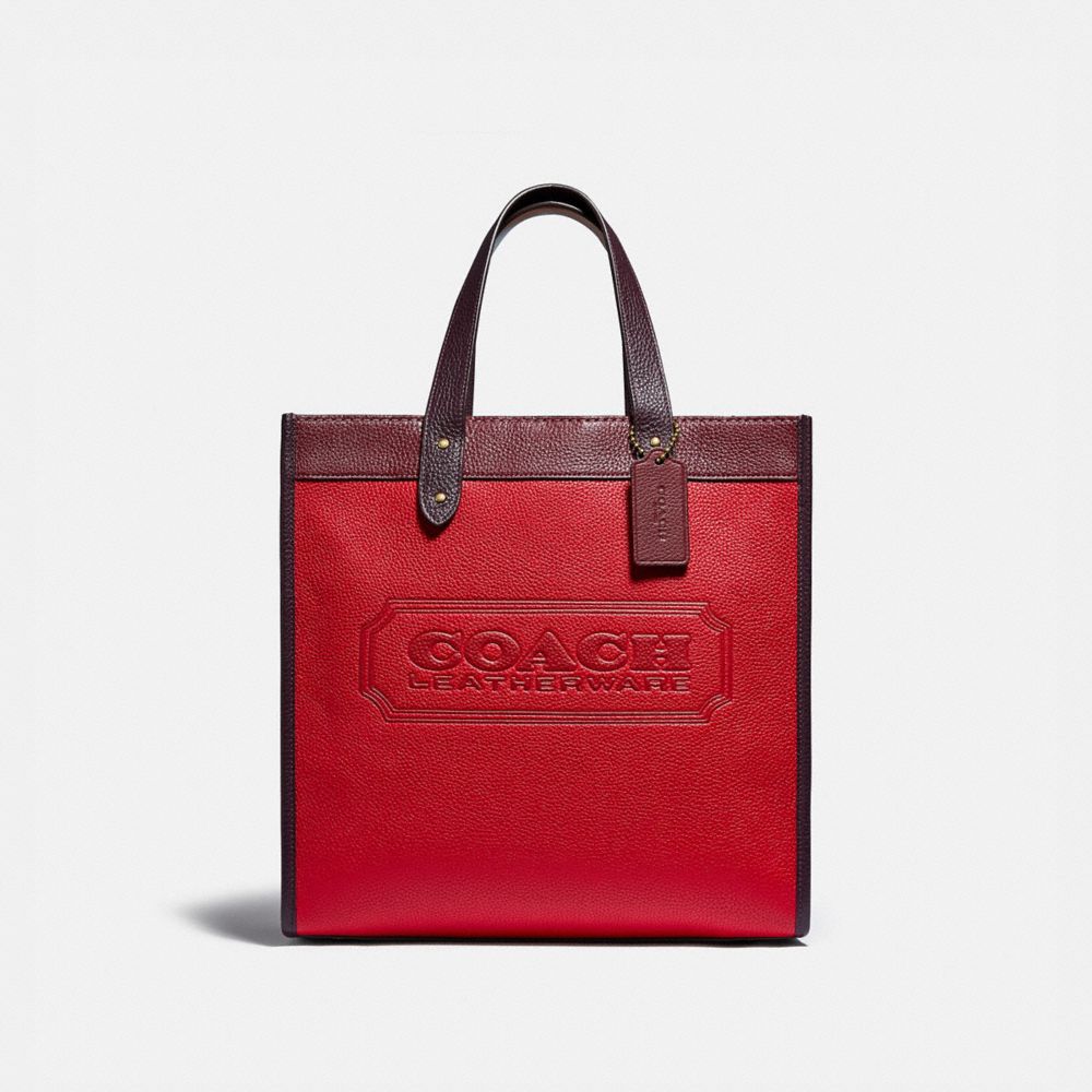 COACH C0775 Field Tote In Colorblock With Coach Badge BRASS/ELECTRIC RED MULTI