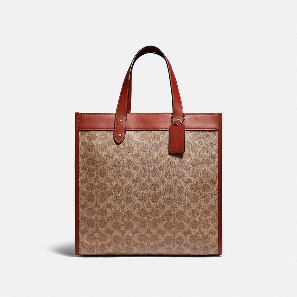 COACH C0776 Field Tote In Signature Canvas With Horse And Carriage Print Brass/Tan Truffle Rust