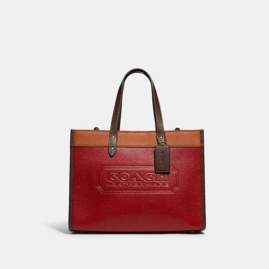 C0777 - Field Tote 30 In Colorblock With Coach Badge Brass/Brick Red Multi