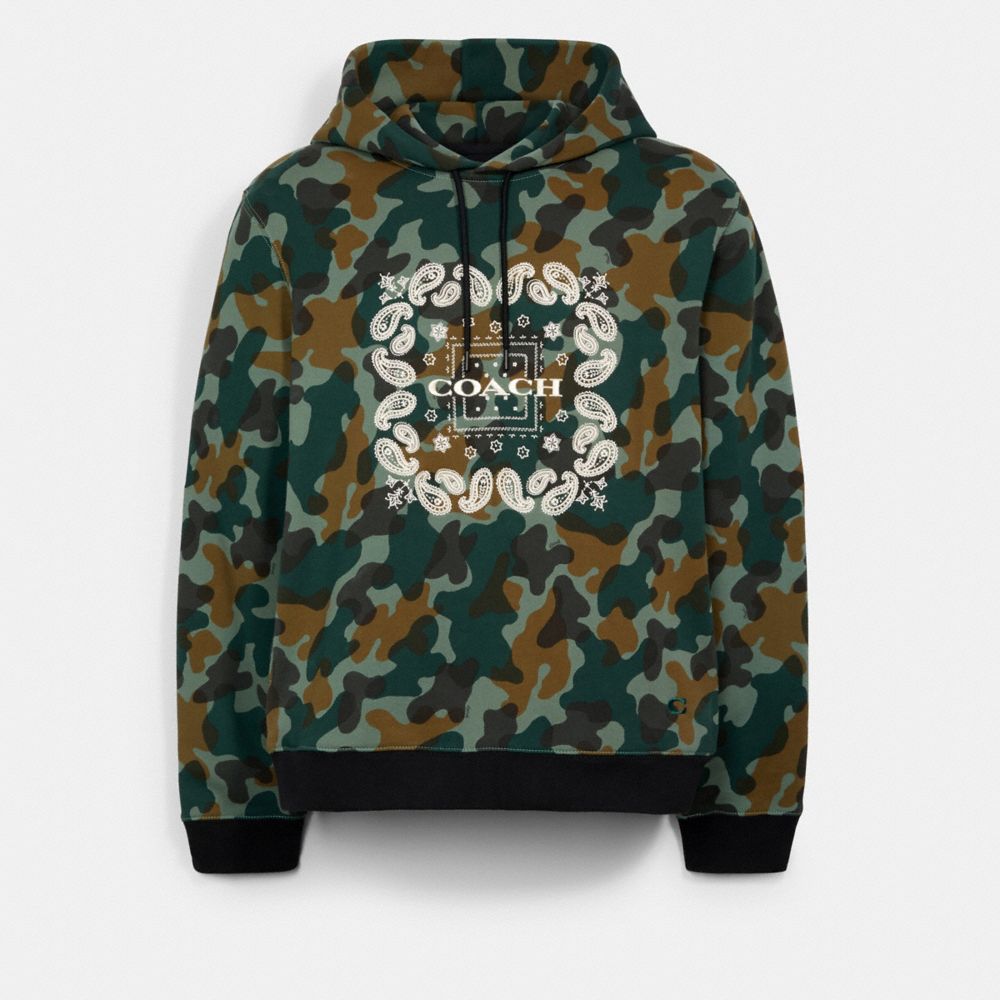 COACH SIGNATURE BANDANA CAMO PRINT PULLOVER HOODIE - DARK GREEN CAMO - C0974