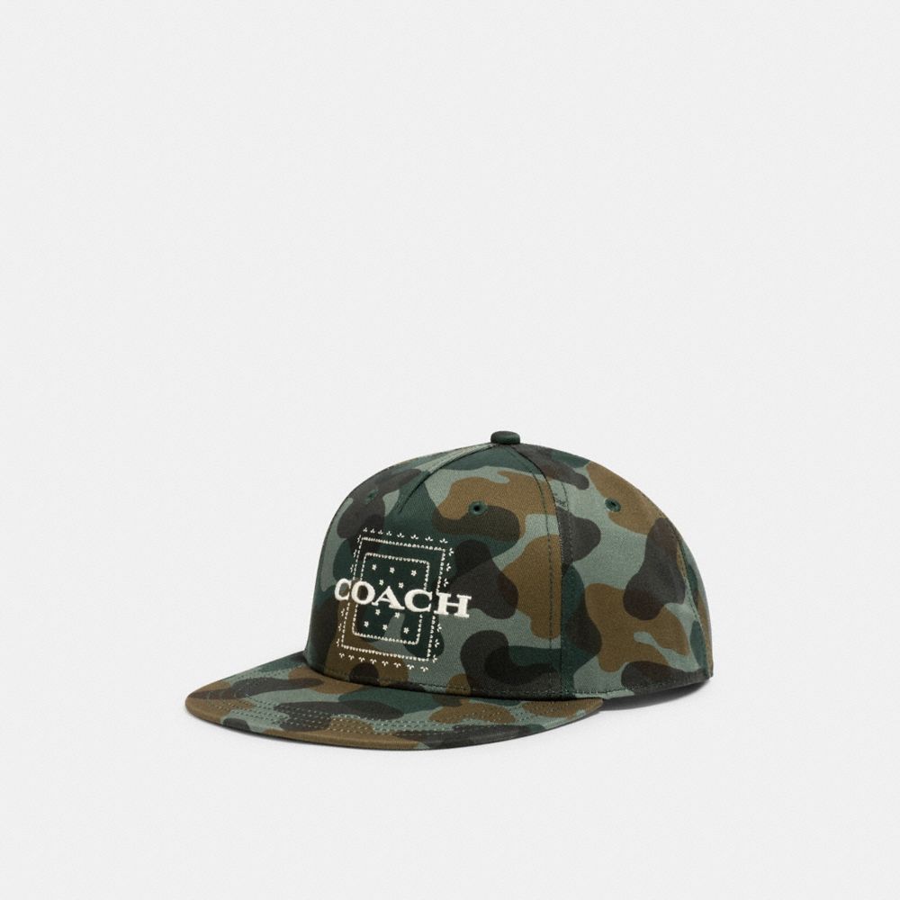 COACH BANDANA PRINT FLAT BRIM HAT - DARK GREEN CAMO - C0975