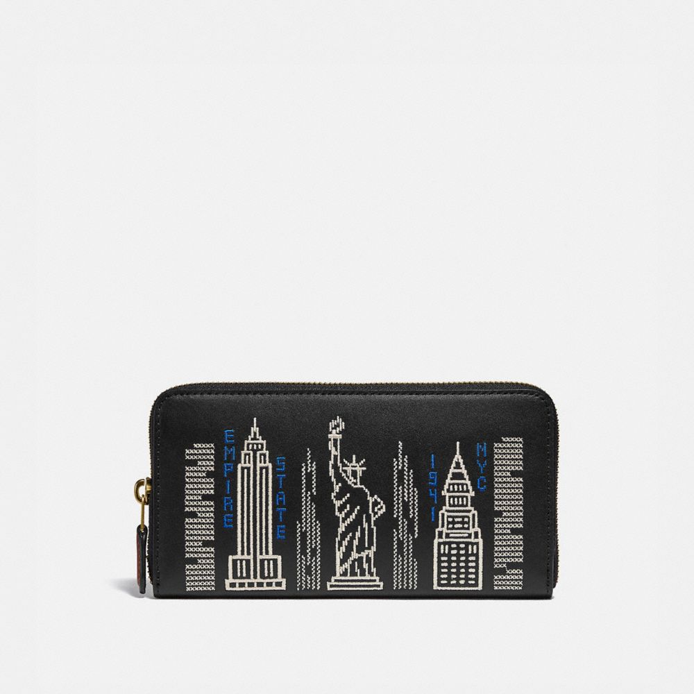 COACH C1106 ACCORDION ZIP WALLET WITH STARDUST CITY SKYLINE EMBROIDERY B4/BLACK