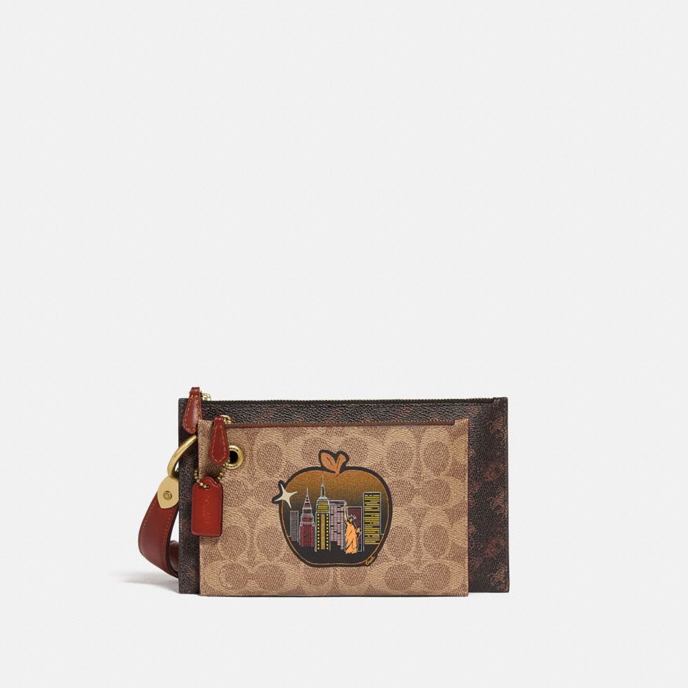 COACH C1112 Double Slim Wristlet In Signature Canvas With Horse And Carriage Print And Big Apple Skyline B4/TAN TRUFFLE MULTI