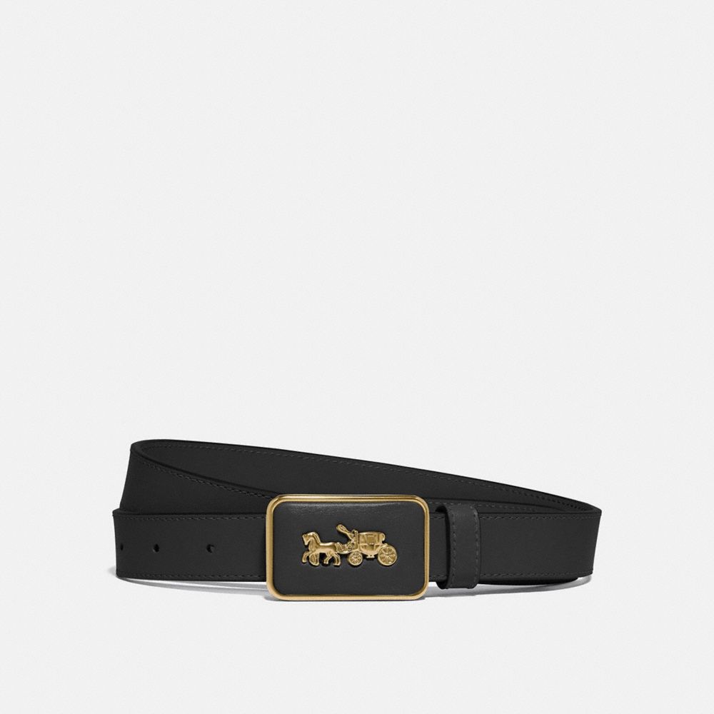 COACH C1179 Horse And Carriage Plaque Buckle Belt, 25 Mm Brass/Black