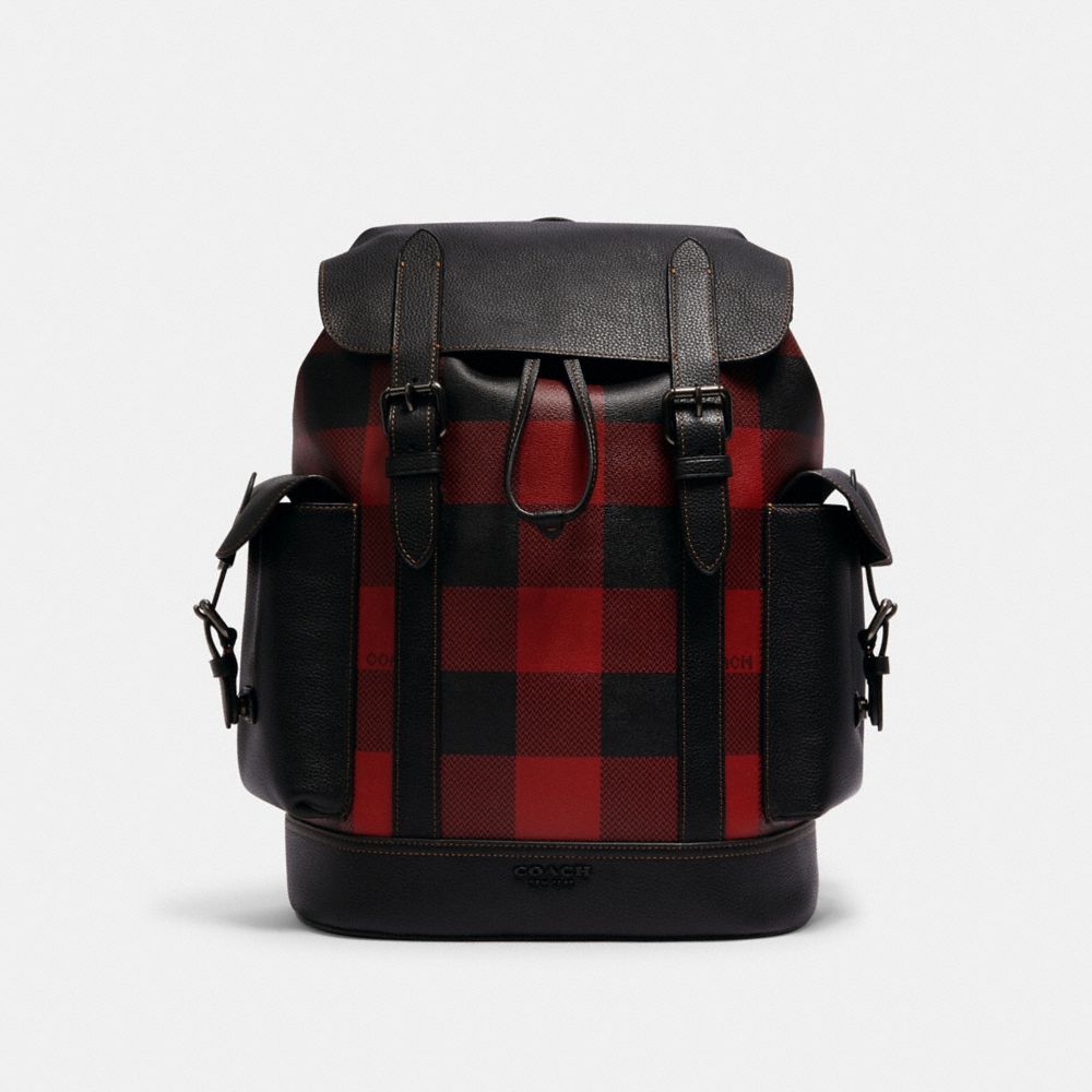 COACH C1240 Hudson Backpack With Buffalo Plaid Print QB/BLACK RED