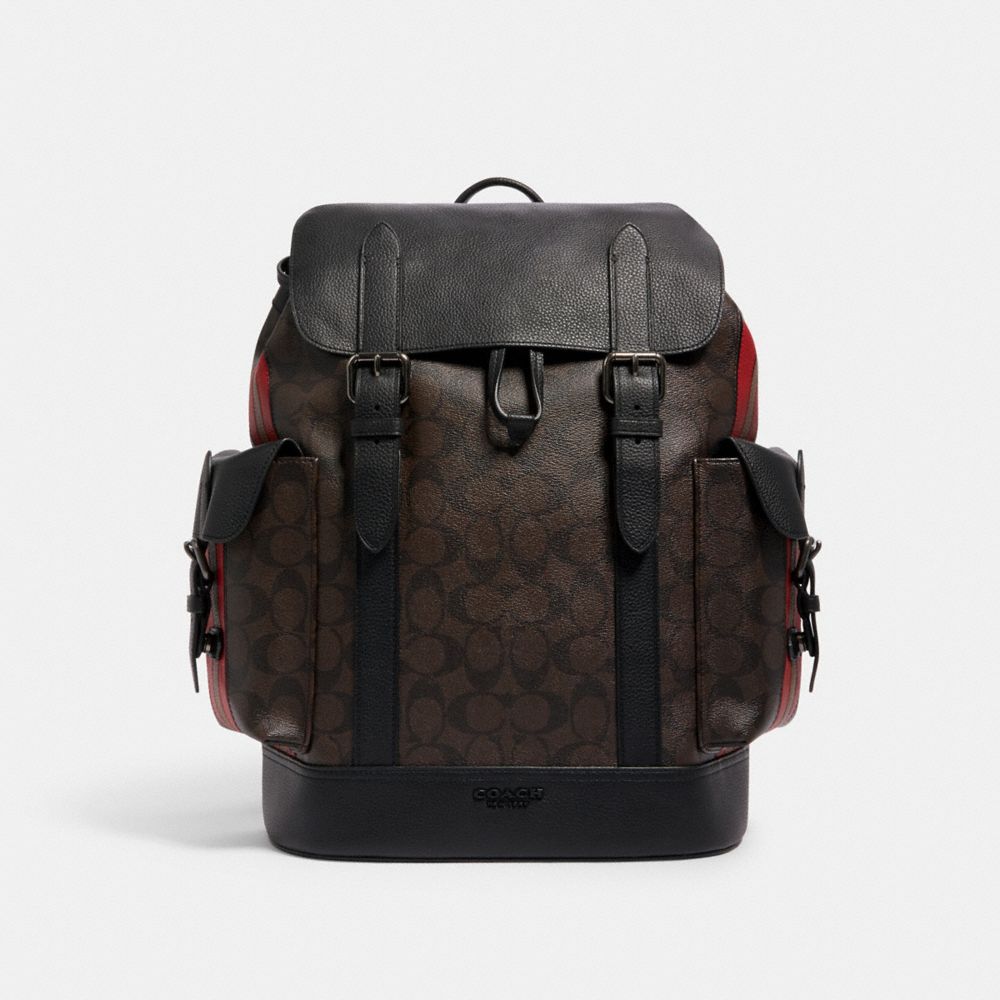 COACH C1242 - HUDSON BACKPACK IN SIGNATURE CANVAS WITH VARSITY STRIPE QB/MAHOGANY 1941 RED SADDLE