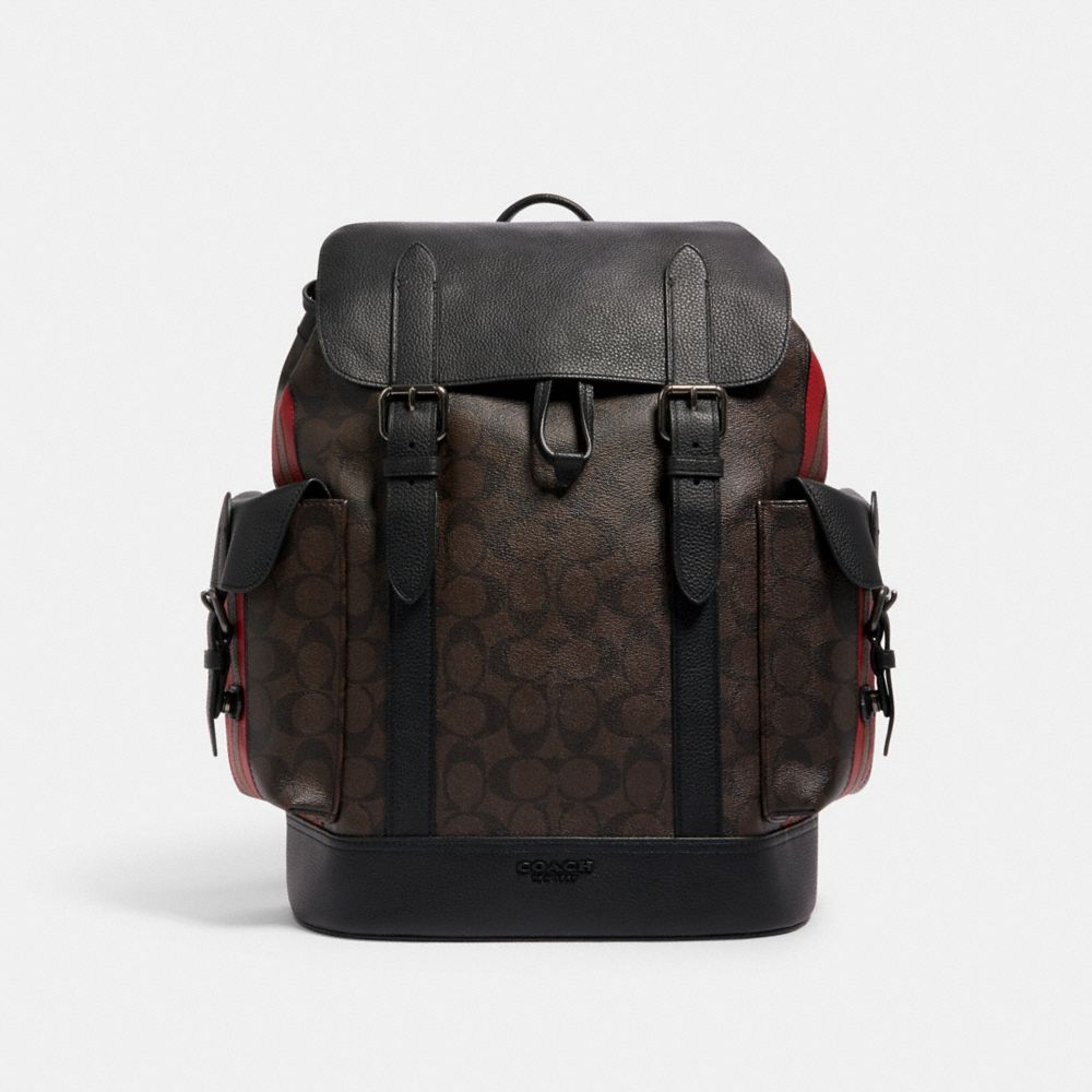 COACH HUDSON BACKPACK IN SIGNATURE CANVAS WITH VARSITY STRIPE - QB/MAHOGANY 1941 RED SADDLE - C1242