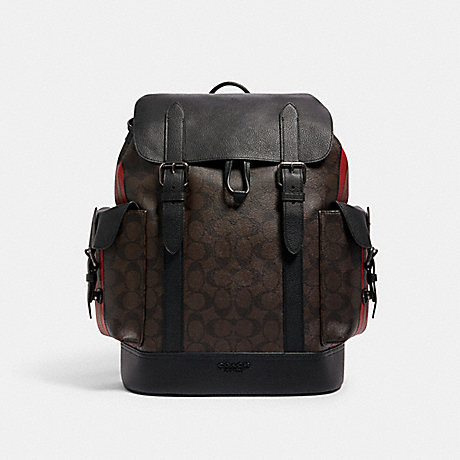 COACH HUDSON BACKPACK IN SIGNATURE CANVAS WITH VARSITY STRIPE - QB/MAHOGANY 1941 RED SADDLE - C1242