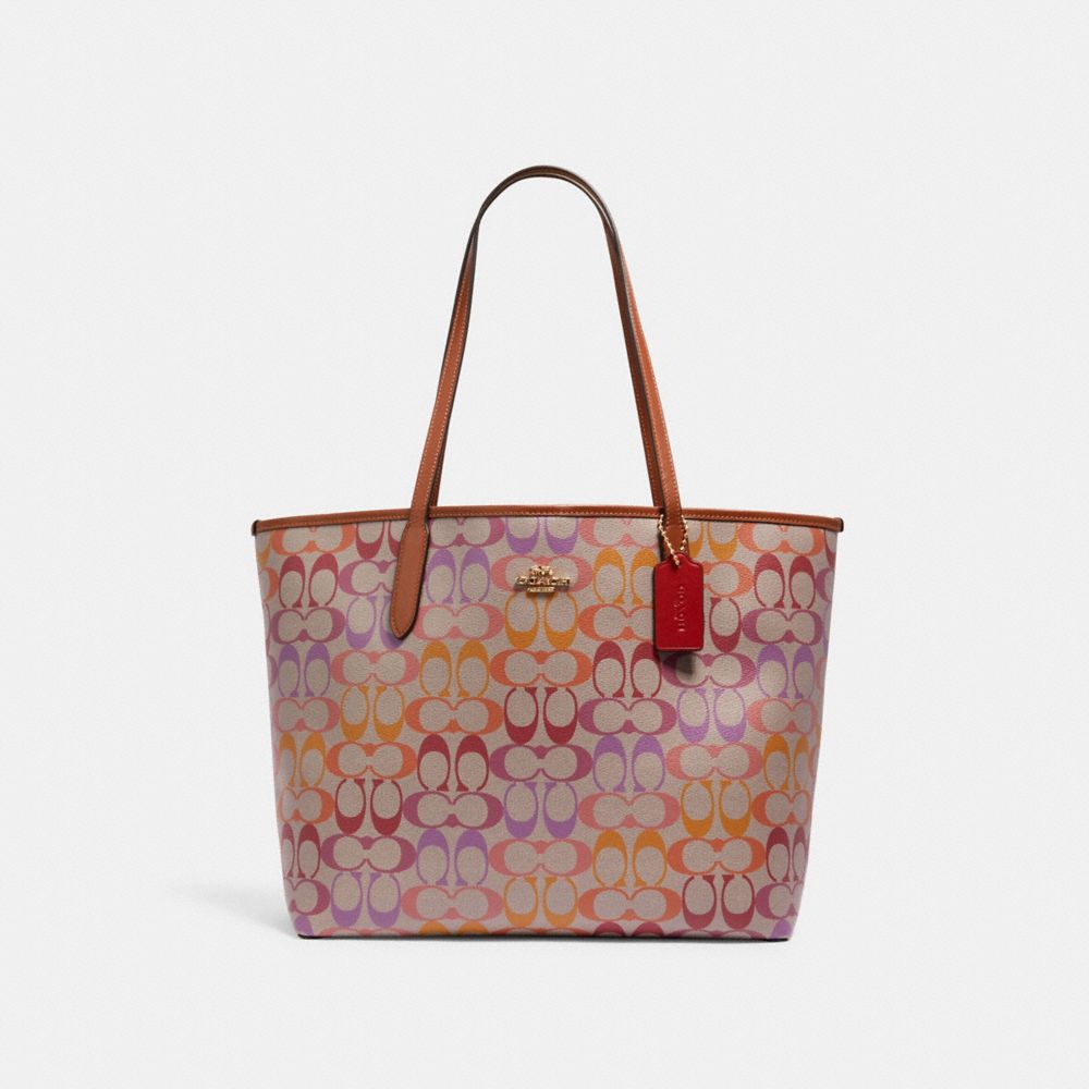 COACH C1316 - CITY TOTE IN RAINBOW SIGNATURE CANVAS IM/KHAKI MULTI REDWOOD