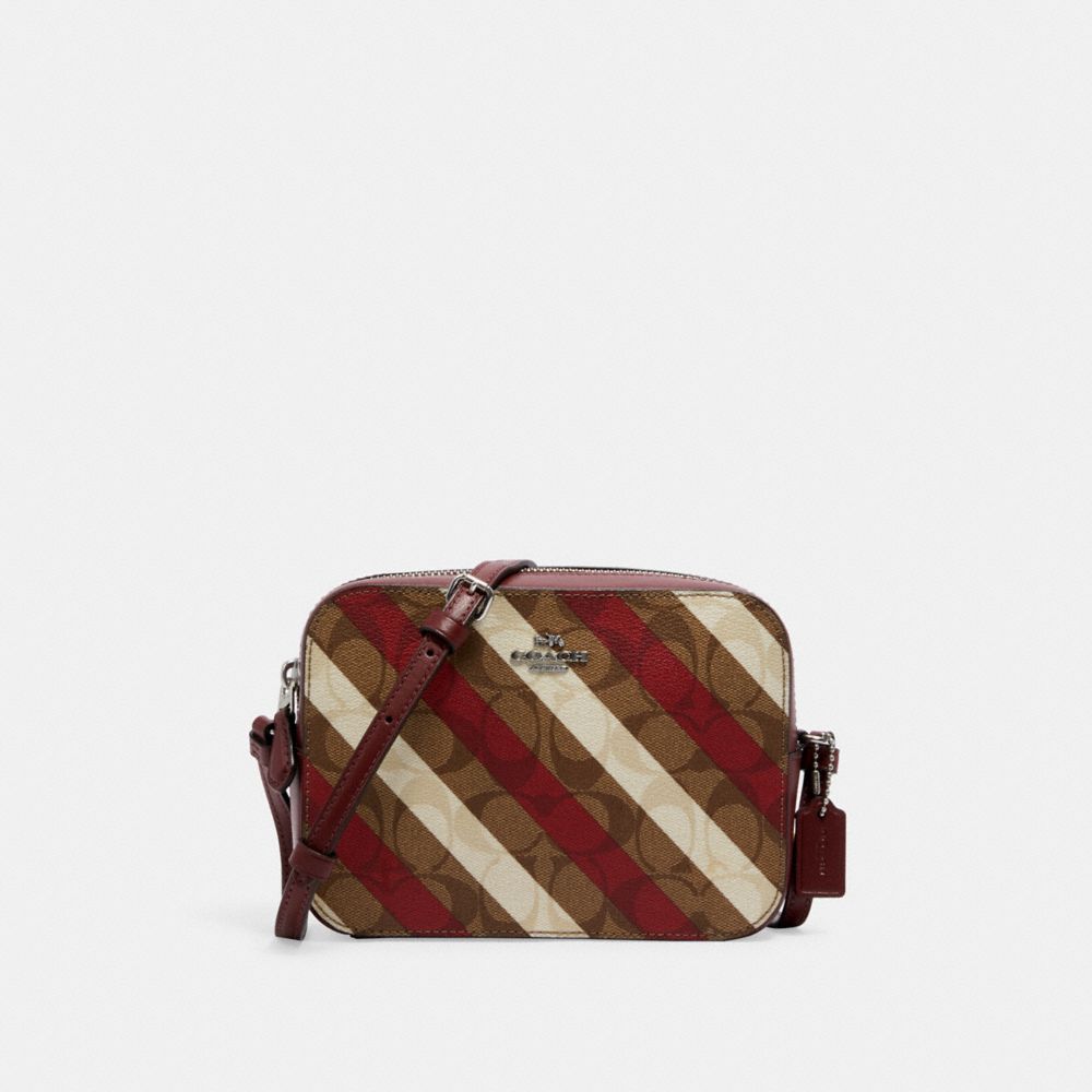 COACH MINI CAMERA BAG IN SIGNATURE CANVAS WITH DIAGONAL STRIPE PRINT - SV/KHAKI MULTI - C1387