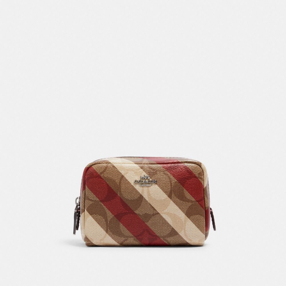 COACH MINI BOXY COSMETIC CASE IN SIGNATURE CANVAS WITH DIAGONAL STRIPE PRINT - SV/KHAKI MULTI - C1389