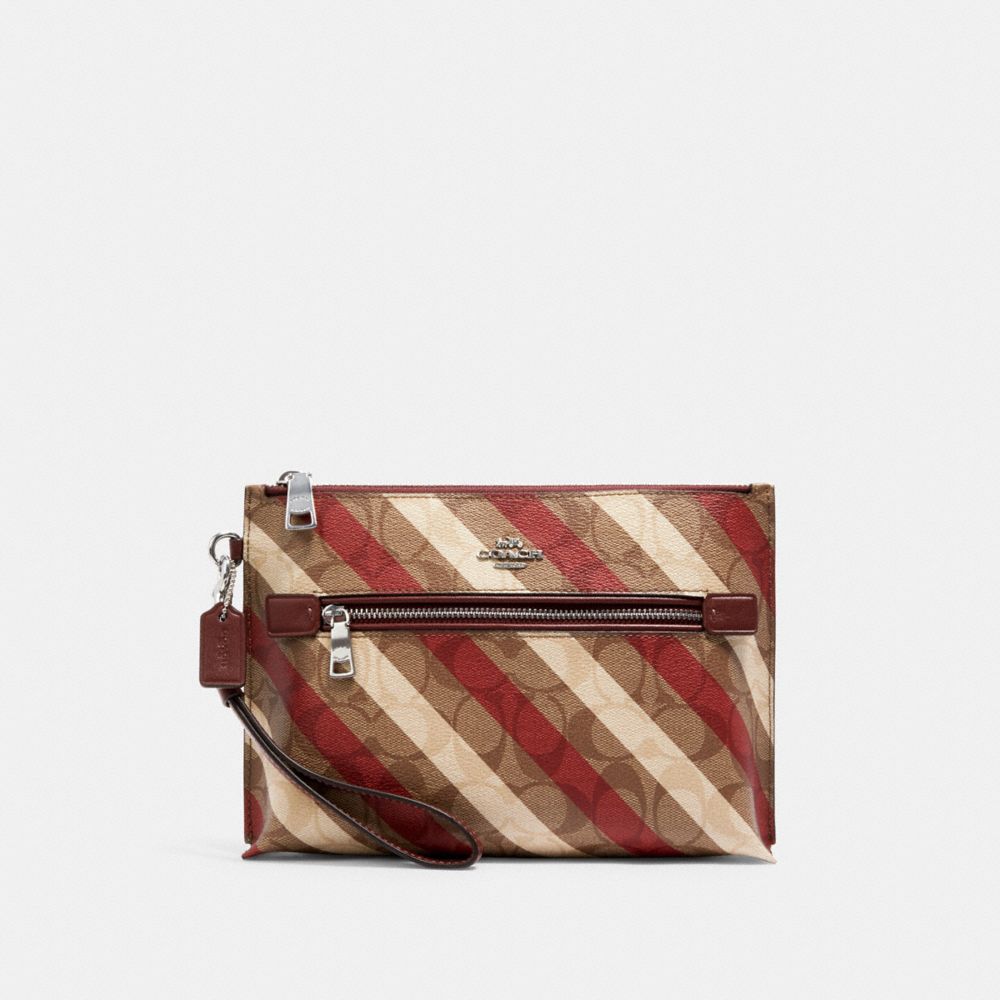 ROWAN POUCH IN SIGNATURE CANVAS WITH DIAGONAL STRIPE PRINT - C1393 - SV/KHAKI MULTI