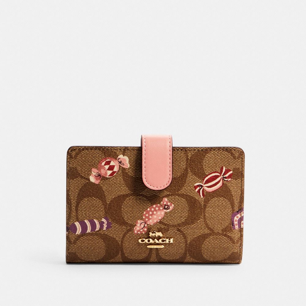 COACH C1416 Medium Corner Zip Wallet In Signature Canvas With Candy Print IM/KHAKI MULTI