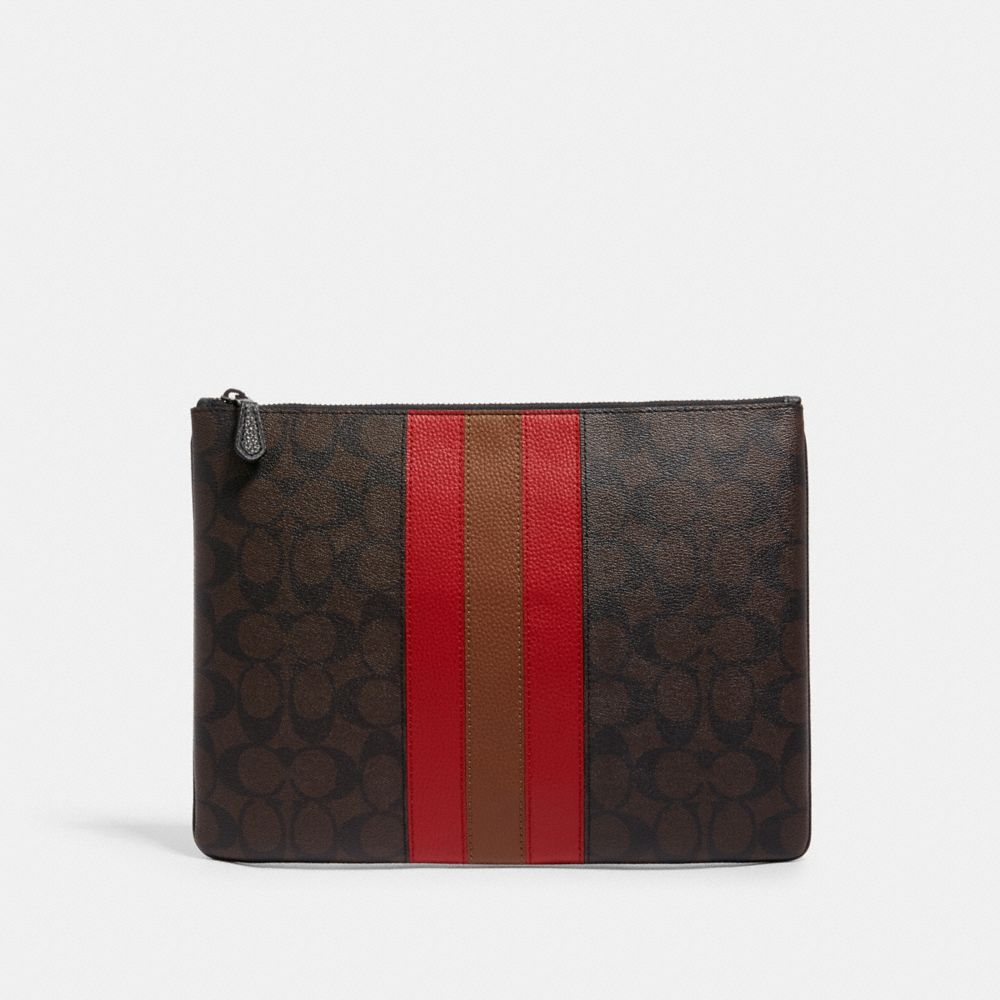 LARGE POUCH IN SIGNATURE CANVAS WITH VARSITY STRIPE - QB/MAHOGANY MULTI - COACH C1497