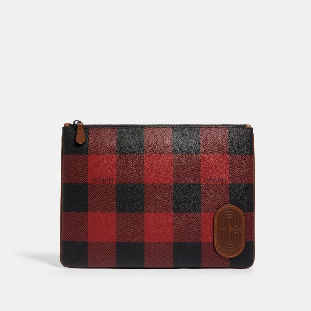 COACH C1498 LARGE POUCH WITH BUFFALO PLAID PRINT QB/RED MULTI